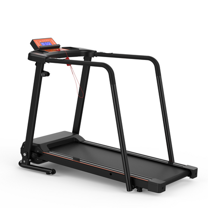 Home Fitness Treadmill for Seniors with Extended Handrails, Portable Foldable Design, 300 LBS Capacity, Black+Orange Steel Frame, 43.3x14.2-Inch Running Surface