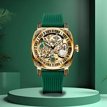 1pc Men's Vintage Roman Numeral Automatic Mechanical Watch - Green Strap