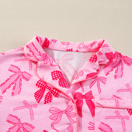 Pink Bow Knot Print Lapel Collar Short Sleeve and Pants Pajamas Set
