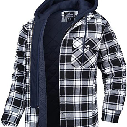 Men's Plaid Hooded Coat Winter Warm Button Zip-up Jacket Fashion Casual Thick Padded Long Sleeves Outerwear Clothing