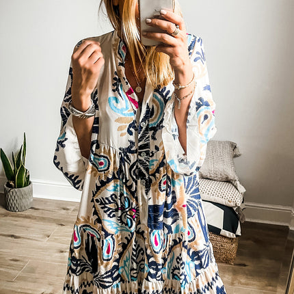 White Printed Tribal Bracelet Sleeve Buttoned Mini Dress
