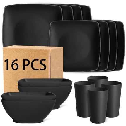 16pcs Plastic Cutlery Set - Featuring a Classic Square Lightweight Design, Includes Dinner Plates