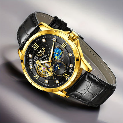 Men'S Luxury Mechanical Watch | Business Style, Mixed Color, Rhinestone Inlay, Transparent Bottom Cover,