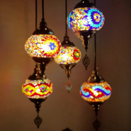 1pc Turkish-Moroccan Tile Pendant Ceiling Light, 5-Arm Shade, E27 Socket, Handcrafted Glass,