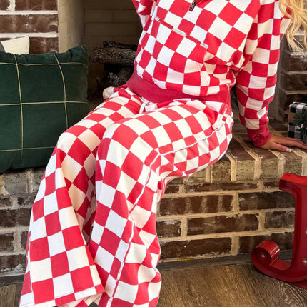 Red Checkered Print Half Zip Hoodie Loose Pant Set