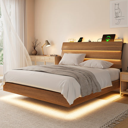 Bed Frame Featuring LED Lighting, Integrated Charging Station, Wooden Headboard for Storage