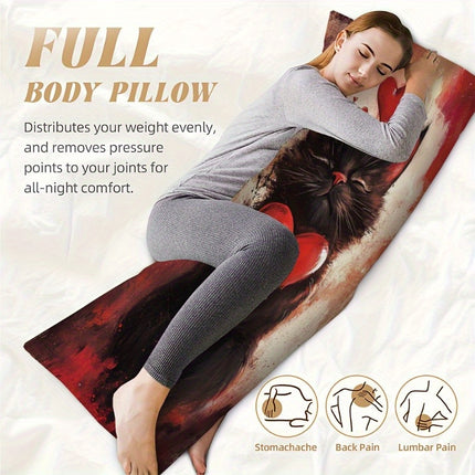 1pc Whimsical Black Cat Design Full Body Pillow with Zipper Headrest - Vibrant Red & White Artwork