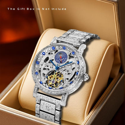 Men's Silvery Blue Steel Strip Fashion Style Versatile Sun Moon Precision Carving Fully Automatic