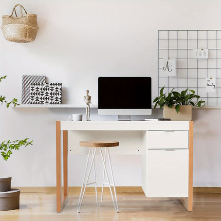 Modern White Computer Desk with Storage Drawer & Cabinet - Space-Saving Home Office Desk,