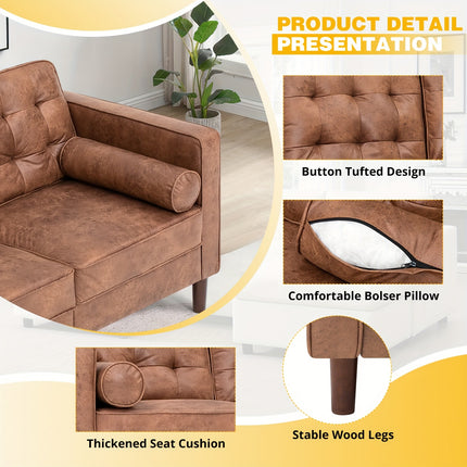 Leather Loveseat Sofa with 2 Bolster Pillows, Modern Two Seat Sofa with Tufted Backrests