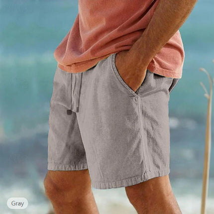 Cotton Linen Drawstring Elastic Waist Solid Color Breathable Bermuda Shorts