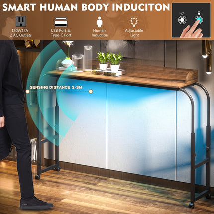 Modern LED Overbed Table with Charging Station & Smart Sensor