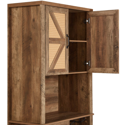 76-Inch Tall Rustic Oak Color Farmhouse Kitchen Faux Rattan Wine Cabinet, Kitchen Bar Cabinet with Square Compartments