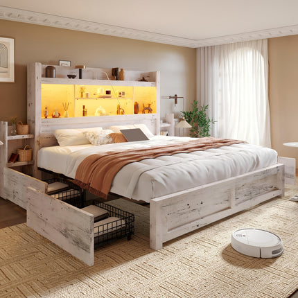 Wooden Bed Frame for a Farmhouse Style Featuring Four Storage Drawers, an LED Headboard