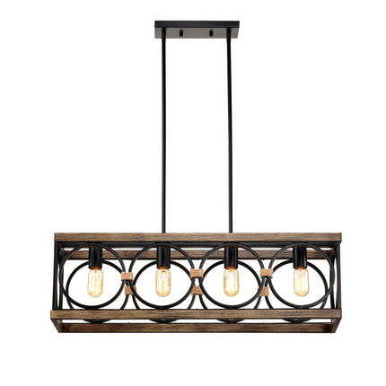 4-Light (Bulb NO Included)Farmhouse Rectangle Pendant Light,31.6' Nature Wood Texture Vintage Rustic Chandeliers Black Metal Industrial Hanging Light Fixtures for Kitchen, Entryway, Dining Room