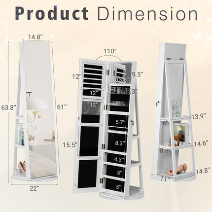 360 Swivel Jewelry Armoire Lockable 3-in-one Jewelry Cabinet Organizer with Full Length Mirror, White