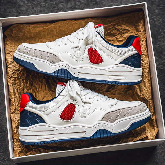 Men's All-Season Sneakers - White & Turquoise Accent Lace-Up Shoes, Non-Slip Rubber Sole,