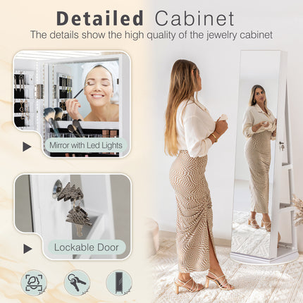 360 Swivel Jewelry Armoire Lockable 3-in-one Jewelry Cabinet Organizer with Full Length Mirror, White
