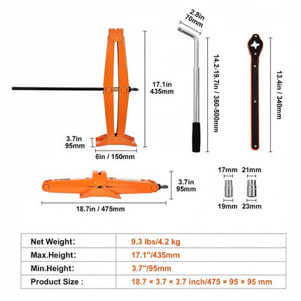 2.5 Ton Lifting Range 95-435 mm Professional Steel Scissor Jack