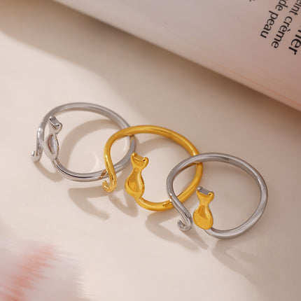 Geometric Stainless Steel Ring With A Cat Design And An Adjustable Opening