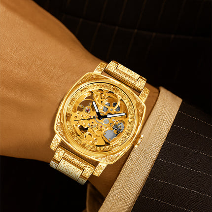 1pc Men's yellow steel strip business style versatile finely carved Roman fully automatic mechanical watch