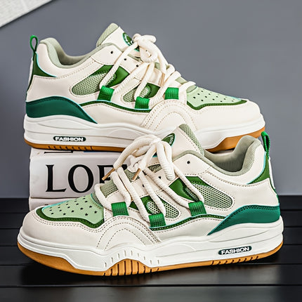White & Green Casual Sneakers with Breathable Mesh, Durable PVC Sole,