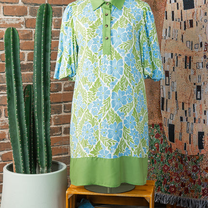 Sky Blue Floral Print Color Block Patchwork Shirt Collar Half Sleeve Mini Dress