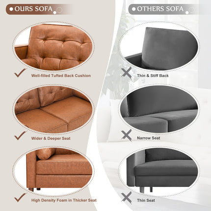 Inches Premium Faux Leather Sofa with 2 Bolster Pillows, Modern 3-seat Sofa