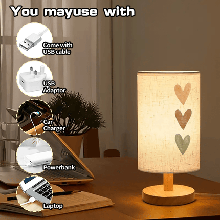 Three Heart Print Ambient Bedside Lamp, Wood Tone Table Lamp with Fabric Shade for Bedroom
