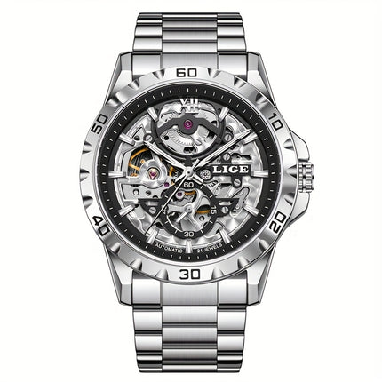 Men'S Mechanical Watch - Elegant Hollow Dial with Stainless Steel Strap,