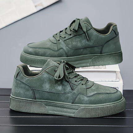 Men's Low-Top Olive Green PU -like Sneakers - All-Terrain Lace-Up Shoes with PVC Sole,