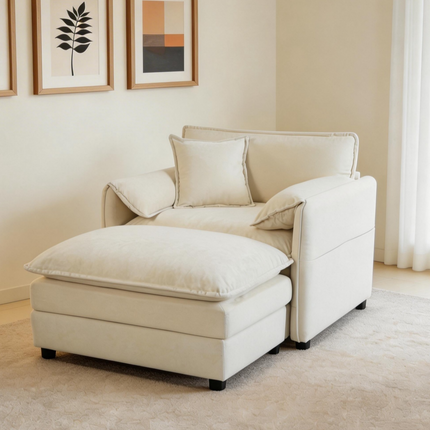 (Old:W3163S00001) Oversized 57.48' Recliner Chair with Movable Ottoman - Soft Chenille Upholstered Indoor Lounge Chair for Living Room or Bedroom,DIY Combination,Beige