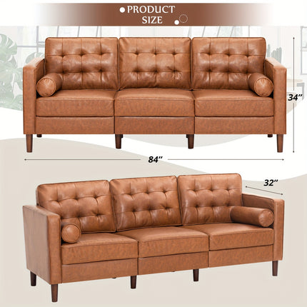 Inches Premium Faux Leather Sofa with 2 Bolster Pillows, Modern 3-seat Sofa