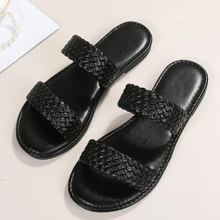 Black Braided Double Band Leathered Flat Slippers