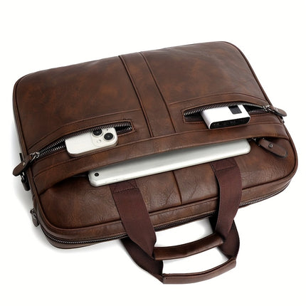 Men'S Vintage Multi-Zip Business Briefcase, 14-Inch Laptop Bag, Shoulder And Hand-Held Bag