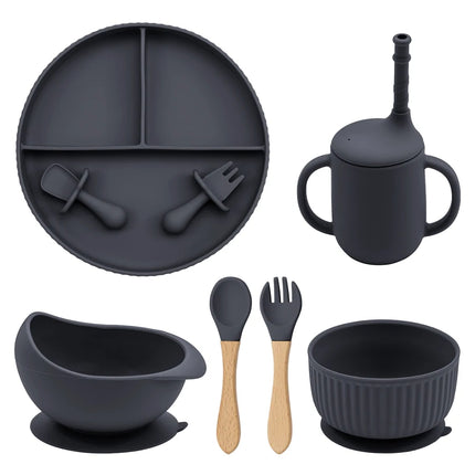 Baby Silicone Cookware Feeding Plate Bowl Set Non-Slip Suction Food Dishes Drinking Cup BPA Free Fork Spoon Children's Tableware