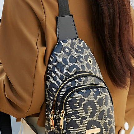 Leopard Printed PU Leather Zippered Fanny Pack Sling Bag