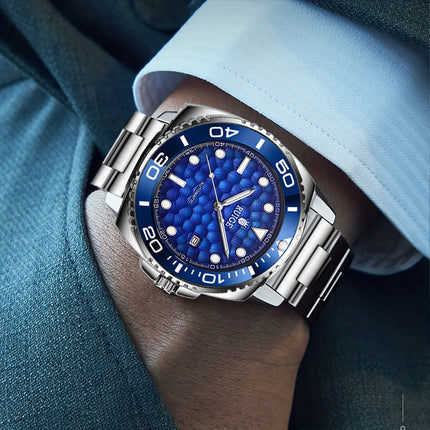 Men's Luxury Automatic Mechanical Watch with Date Chronograph - Stainless Steel Blue Dial Dress Watch,