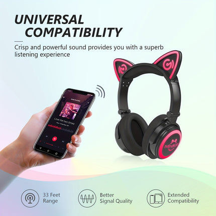 Cat Wireless 5.0 Wireless Headphones with Cat Ear & 7-Color LED Light, Cancelling,