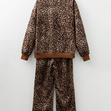 Coffee Leopard Print Contrast Trim Long Sleeve Top and Pants Set