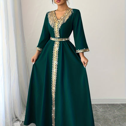 Women's Elegant Sequined Tassel Dress, Regular Fit, Long Length, Mid-Length Sleeves, Solid Color,