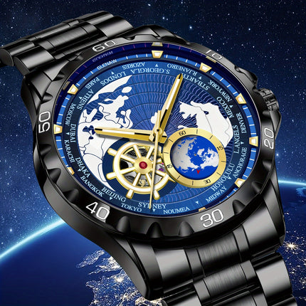 Men's Automatic Watch, Rotating Little Earth Blue Dial Men's Mechanical Watch Steel Strap Stopwatch