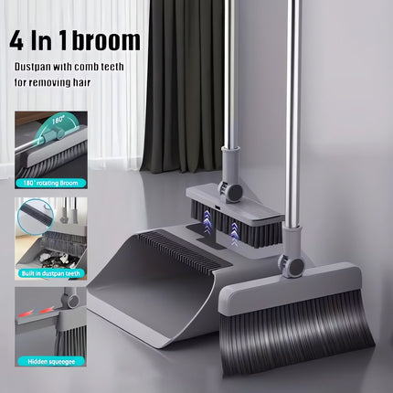 4-in-1 Multifunctional Broom and Dustpan Combo with Squeegee & Brush Attachments