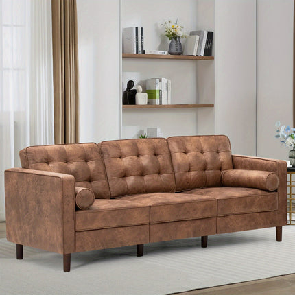 Leather Couch Featuring 2 Bolster Cushions, Contemporary Three-Seater Sofa with Tufted Backrests