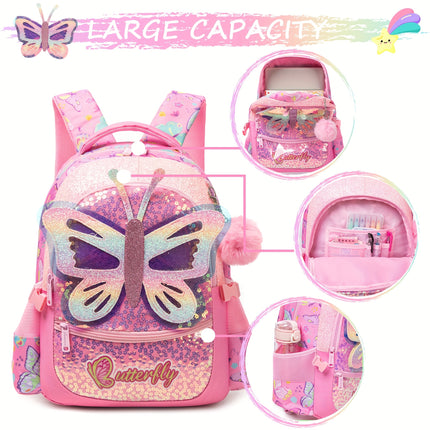 Girls Backpack for Elementary School with handbag and Pencil Case Cute Butterfly/Cat/Mermaid Backpack