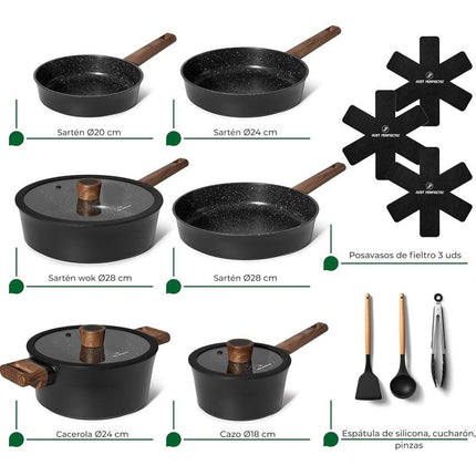 Just Perfecto Induction Cookware Set – 15-Piece Nonstick Pans, Glass Lid Saucepans, Wok, Utensils, and Trivets