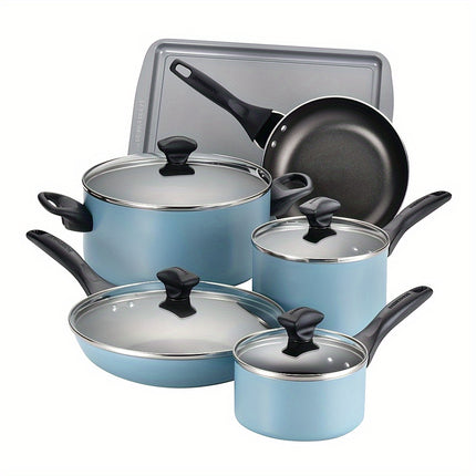 Dishwasher Safe Aluminum Nonstick Cookware Pots and Pans Set 15-Piece - Aqua