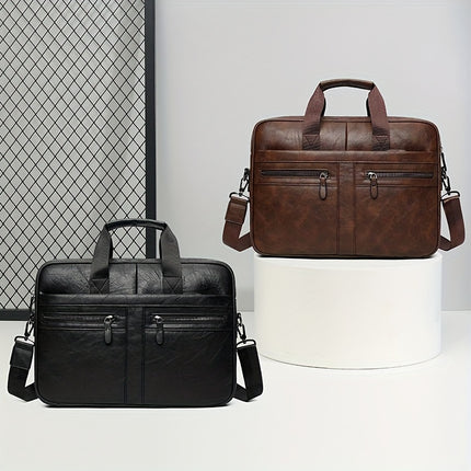 Men'S Vintage Multi-Zip Business Briefcase, 14-Inch Laptop Bag, Shoulder And Hand-Held Bag