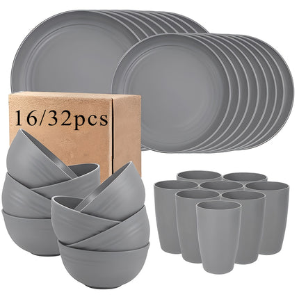 16/32pcs Plastic Tableware Set, Including Dinner Plates, Dessert Plates, Bowls, and Cups,