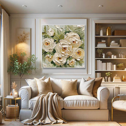 Hand-Painted Abstract Oil Painting On Canvas Modern Thick Oil Wall Art Picture Green Leaves Yellow Rose Flowers Mural For Home Decor